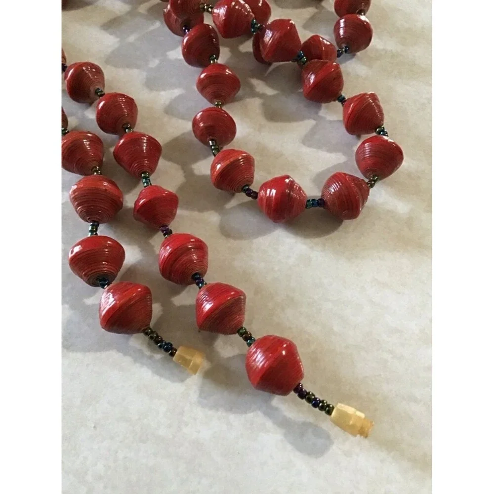 Handmade Red Paper Bead Necklace 36” Long Sustainable Eco-Friendly Boho Jewelry